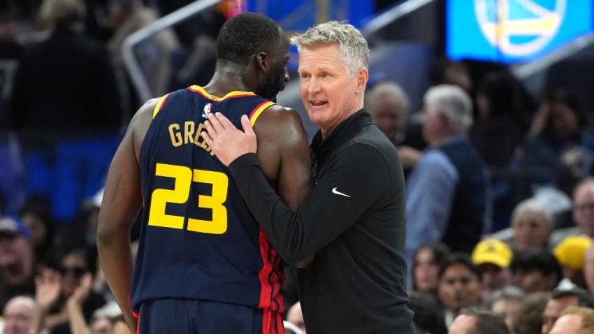 SAN FRANCISCO, CALIFORNIA – MARCH 13: Head coach Steve Kerr of the Golden State Warriors talks with his player Draymond Green #23 during a break in the action against the Sacramento Kings in the fourth quarter at Chase Center on March 13, 2025 in San Francisco, California. NOTE TO USER: User expressly acknowledges and agrees that, by downloading and or using this photograph, User is consenting to the terms and conditions of the Getty Images License Agreement.  (Photo by Thearon W. Henderson/Getty Images)