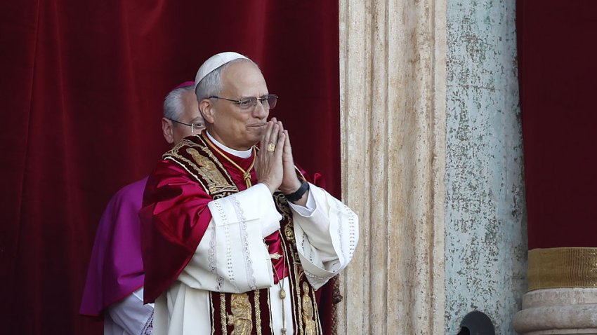VATICAN CITY, VATICAN – MAY 08: Pope Leo XIV appears at the central Loggia of St. Peter’s Basilica to greet faithful crowding St. Peter’s Square following his election at the Vatican, May 08, 2025. (Photo by Riccardo De Luca/Anadolu via Getty Images)