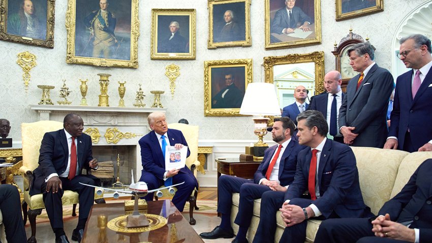 President Donald Trump meets South Africa's President Cyril Ramaphosa in the Oval Office of the White House, Wednesday, May 21, 2025, in Washington.