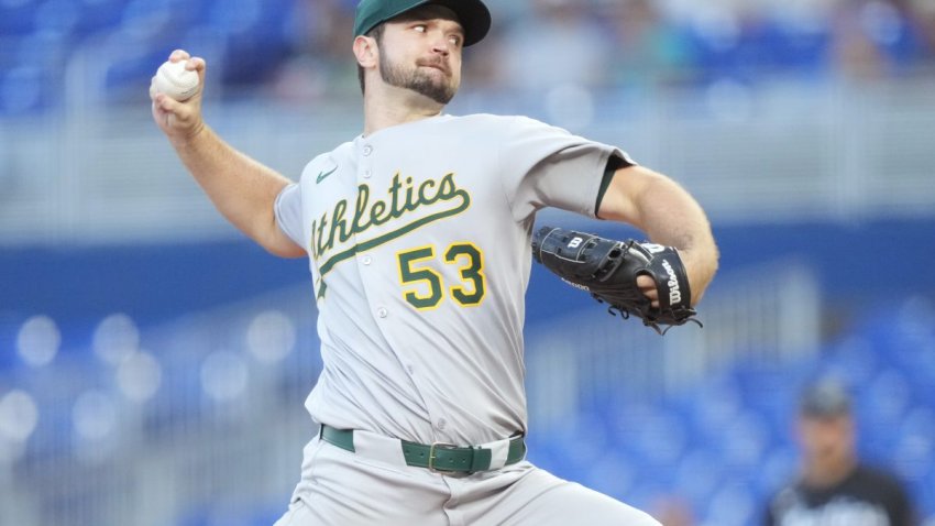 May 2, 2025; Miami, Florida, USA;  Oakland Athletics pitcher Gunnar Hoglund (53) pitches in the first inning against the Miami Marlins at loanDepot Park. Mandatory Credit: Jim Rassol-Imagn Images