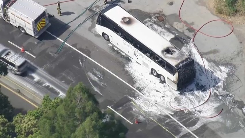 A bus fire on Highway 17 in the Santa Cruz Mountains. (May 16, 2025)