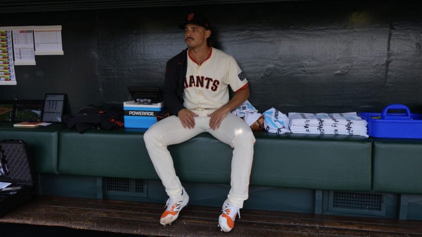 SAN FRANCISCO, CALIFORNIA – MAY 3: Jordan Hicks #12 of the San Francisco Giants watches from the dugout at Oracle Park on May 3, 2025 in San Francisco, California. (Photo by Tony Avelar/San Francisco Giants/Getty Images)