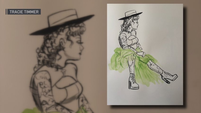 An watercolor sketch depicts a woman sitting wearing a hat and a green skirt.