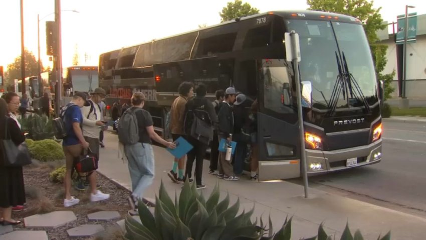 Students, parents and teachers board a bus in San Jose headed to Sacramento. (May 20, 2025)