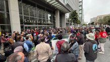 People gather for an immigration-related protest in San Francisco. (June 9, 2025)