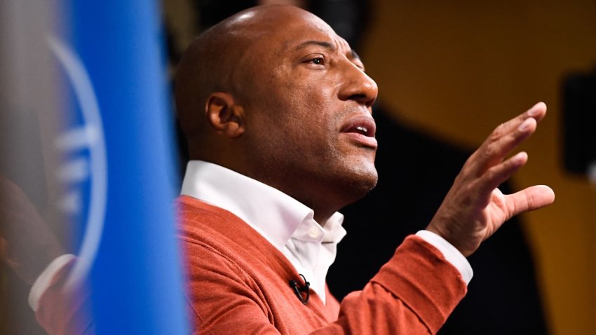 Byron Allen, founder, chairman, and CEO of Entertainment Studios and Allen Media Group, speaks during the Milken Institute Global Conference in Beverly Hills, California, on May 2, 2022. 