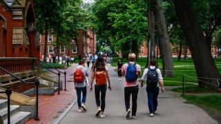 A Harvard University student walks through Harvard’s campus.