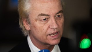 The Netherlands far-right PVV Freedom Party leader Geert Wilders speaks to the media representatives following the European Parliament elections provisional results in The Hague on June 6, 2024.