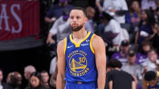 Stephen Curry #30 of the Golden State Warriors looks on during the game against the Sacramento Kings during the 2024 Play-In Tournament on April 16, 2024 at Golden 1 Center in Sacramento, California.
