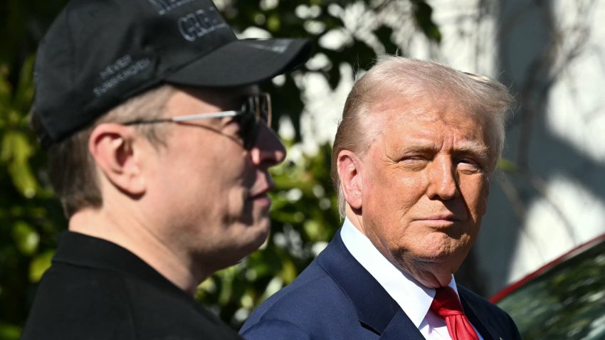 US President Donald Trump and Tesla CEO Elon Musk speak to the press as they stand next to a Tesla vehicle on the South Portico of the White House on March 11, 2025 in Washington, DC.