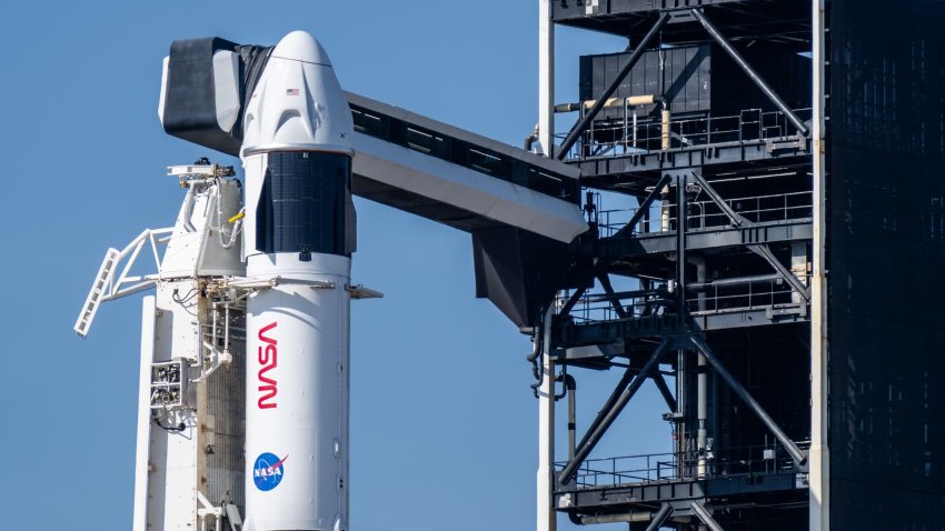 The SpaceX Falcon 9 rocket and Dragon spacecraft are seen ahead of a launch at Launch Complex 39A at the NASA’s Kennedy Space Center on March 14, 2025 in Cape Canaveral, Florida. 
