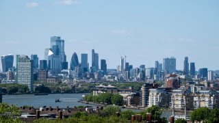 Skyline view of the City of London financial district from the viewpoint in Greenwich Park in London, United Kingdom.