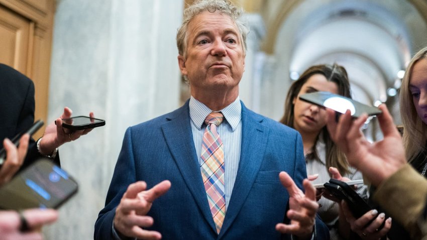 U.S. Senator Rand Paul (R-KY) speaks with members of the media ahead of a Senate vote to begin work on a bill that includes aid for Ukraine, Israel and Taiwan in Washington, U.S., February 9, 2024.