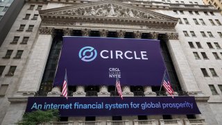 A banner for Circle Internet Group, the issuer of one of the world’s biggest stablecoins, hangs on the front of the New York Stock Exchange (NYSE) to celebrate the company’s IPO in New York City, U.S., June 5, 2025.