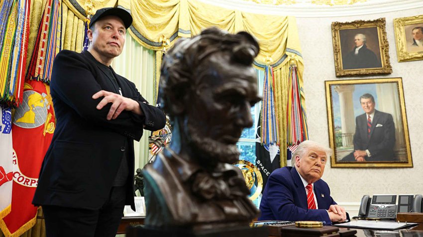 President Donald Trump holds a news conference with Elon Musk to mark the end of the Tesla CEO’s tenure as a special government employee overseeing the U.S. DOGE Service on Friday May 30, 2025 in the Oval Office of the White House in Washington.