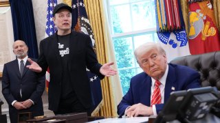 Tesla CEO Elon Musk speaks alongside U.S. President Donald Trump to reporters in the Oval Office of the White House on May 30, 2025 in Washington, DC.