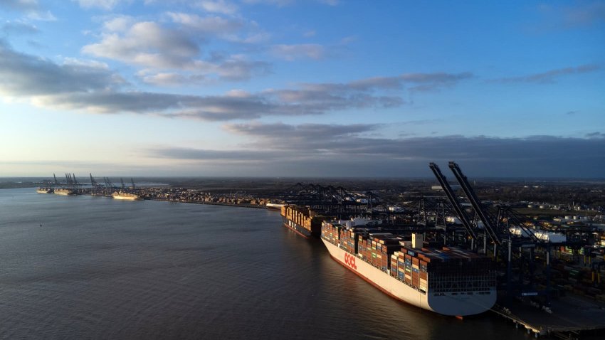 Container ships at Felixstowe port in Felixstowe, UK, on Wednesday, April 9, 2025.
