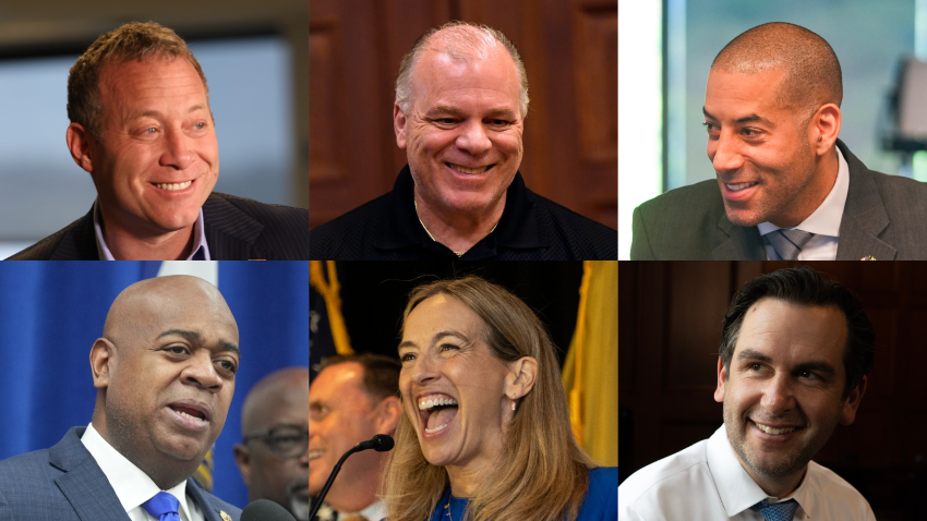 Six New Jersey gubernatorial candidates, Josh Gottheimer, Steve Sweeney, Sean Spiller, Ras Baraka, Mikie Sherrill and Steven Fulop, are shown from top left to top right in the first row, and bottom left to bottom right in the second row.