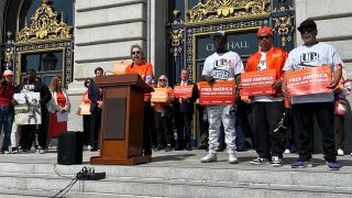 Ruth Borenstein, legislative leader for the nonprofit gun control advocacy organization Brady, and co-leader of the San Francisco chapter, tells supporters of gun control that the organization is working on getting legislation passed that would require background checks to buy a gun barrel, which could stop the manufacturing of 3D printed plastic firearms that still rely on steel barrels. The guns are untraceable because they lack serial numbers and other identifiers. Borenstein spoke during a rally at City Hall, in San Francisco, Calif., against gun violence on National Gun Violence Awareness Day, June 6, 2025. (Thomas Hughes/Bay City News)