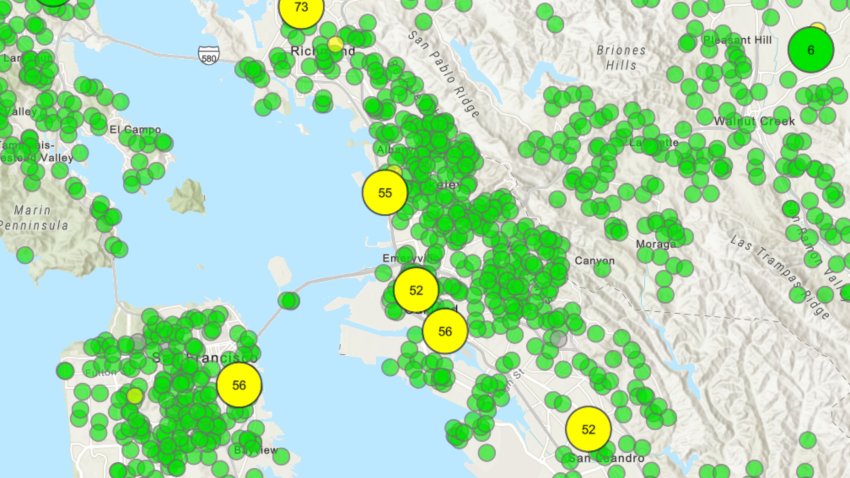 The Bay Area Air District put out an air quality advisory on the morning of Sunday, June 22, 2025, due to possible smoke from fires in Canada and Alaska. By 4 p.m., only a few areas of the Bay Area were experiencing moderate impacts to air quality. The yellow on the map shows the moderate areas. (Bay Area Air District via Bay City News)