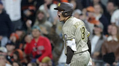 SAN FRANCISCO, CALIFORNIA – JUNE 03: Manny Machado #13 of the San Diego Padres reacts after he hit a single that scored two runs to tie the game with two outs in the ninth inning against the San Francisco Giants at Oracle Park on June 03, 2025 in San Francisco, California. (Photo by Ezra Shaw/Getty Images)