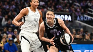 Cecilia Zandalasini #24 of the Golden State Valkyries drives past Kiah Stokes #41 of the Las Vegas Aces during the second half at Chase Center on June 07, 2025 in San Francisco, California.