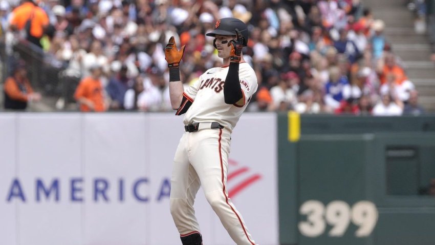 SAN FRANCISCO, CALIFORNIA – JUNE 08: Mike Yastrzemski #5 of the San Francisco Giants standing on second base celebrates after he hit a two-run rbi double against the Atlanta Braves in the bottom of the fourth inning at Oracle Park on June 08, 2025 in San Francisco, California. (Photo by Thearon W. Henderson/Getty Images)