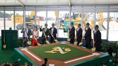 LAS VEGAS, NEVADA – JUNE 23: (L-R) Assembly Speaker Steve Yeager (D-Las Vegas), U.S. Rep. Dina Titus (D-NV) President Marc Badain of the Athletics, Major League Baseball Commissioner Rob Manfred, principal owner John Fisher of the Athletics, Nevada Gov. Joe Lombardo, Las Vegas Convention and Visitors Authority President and CEO Steve Hill and Clark County (Nev.) Commission Chairman Jim Gibson participate in a ceremonial groundbreaking for the USD 1.75 billion, 33,000-seat domed stadium for MLB’s Athletics on June 23, 2025 in Las Vegas, Nevada. The ballpark is being built on nine acres of the 35-acre former site of the Tropicana Las Vegas, which was imploded in October 2024. The A’s expect to have the ballpark ready for Opening Day in 2028. (Photo by Ethan Miller/Getty Images)