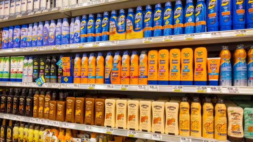 Florida, Naples, Publix, grocery store, supermarket, shelves, sale, shopping, sunscreen, suntan lotion, tanning, competing brands, products, Hawaiian Tropic, Banana Boat, display, retail,
