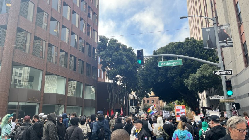 Hundreds of people protested at the ICE offices in downtown San Francisco in solidarity with protesters in LA. June 8, 2025. NBC Bay Area Photo/ Alyssa Goard.