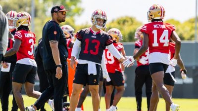 SANTA CLARA, CA – JUNE 11: San Francisco 49ers quarterback Brock Purdy (13) gives San Francisco 49ers wide receiver Isaiah Neyor (14) a high five during San Francisco 49ers minicamp on June 11, 2025 at SAP Performance Facility in Santa Clara, CA. (Photo by Matthew Huang/Icon Sportswire via Getty Images)