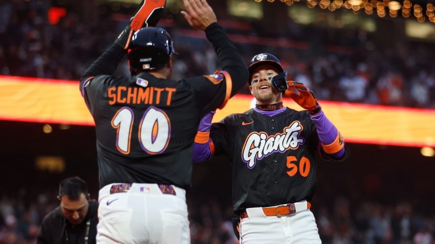 SAN FRANCISCO, CALIFORNIA – JUNE 24: Christian Koss #50 of the San Francisco Giants celebrates with Casey Schmitt #10 after hitting a two-run home run in the bottom of the fifth inning against the Miami Marlins at Oracle Park on June 24, 2025 in San Francisco, California. (Photo by Lachlan Cunningham/Getty Images)