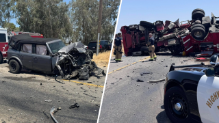 Scene of collision outside Fresno involving a fire engine and SUV.