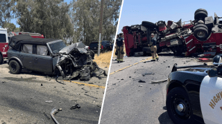 Scene of collision outside Fresno involving a fire engine and SUV.