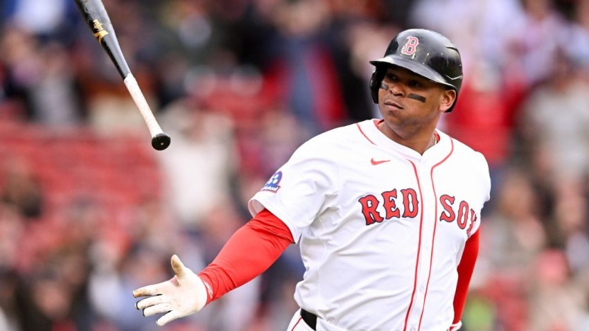 BOSTON, MASSACHUSETTS – MAY 23: Rafael Devers #11 of the Boston Red Sox reacts after hitting a three-run home run against the Baltimore Orioles during the sixth inning at Fenway Park on May 23, 2025 in Boston, Massachusetts. (Photo by Brian Fluharty/Getty Images)