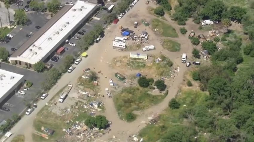 Aerial view of a San Jose homeless encampment.