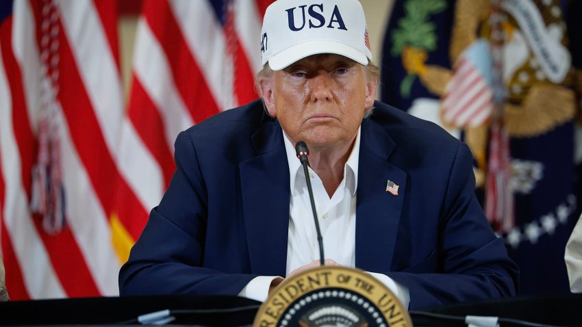 President Donald Trump participates in a round table event at the Hill Country Youth Event Center to discuss last week’s flash flooding on July 11, 2025 in Kerrville, Texas.