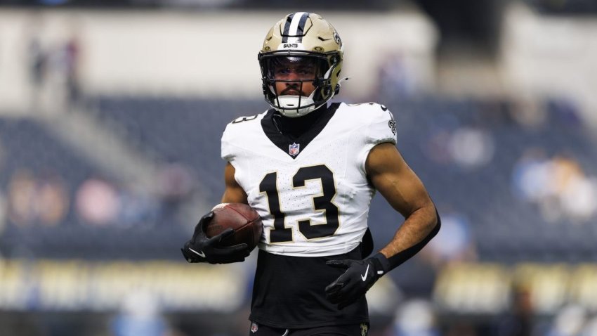 INGLEWOOD, CALIFORNIA – OCTOBER 27: Equanimeous St. Brown #13 of the New Orleans Saints runs after the catch before a game against the Los Angeles Chargers at SoFi Stadium on October 27, 2024 in Inglewood, California. (Photo by Ric Tapia/Getty Images)