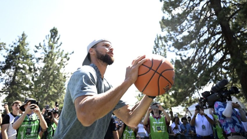 STATELINE, NEVADA – JULY 12: Stephen Curry shoots a basketball between the 17th green and 18th tee box during the second round of the American Century Championship at Edgewood Tahoe Golf Course on July 12, 2025 in Stateline, Nevada. (Photo by Eakin Howard/Getty Images)