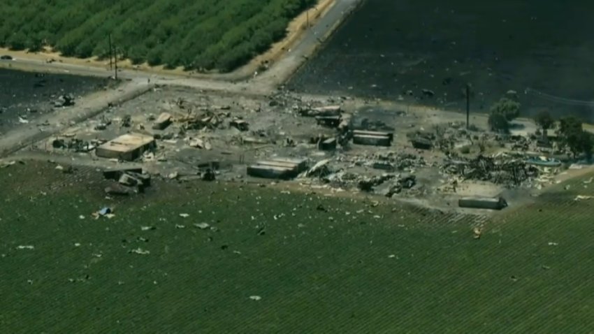 A Yolo County site where a fireworks fire and explosion leveled a building Tuesday.