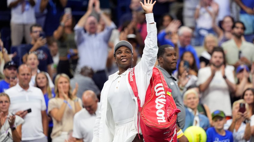Aug 25, 2025; Flushing, NY, USA;  Venus Williams (USA)after losing to Karolina Muchova (Czech)(not pictured) on day two of the 2025 U.S. Open tennis tournament at the USTA Billie Jean King National Tennis Center. Mandatory Credit: Robert Deutsch-Imagn Images