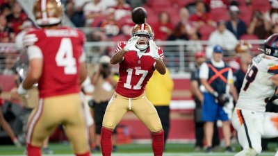 SANTA CLARA, CALIFORNIA – AUGUST 09: Jordan Watkins #17 catches a pass against the Denver Broncos in the second half during the NFL Preseason 2025 game at Levi’s Stadium on August 09, 2025 in Santa Clara, California. (Photo by Thearon W. Henderson/Getty Images)