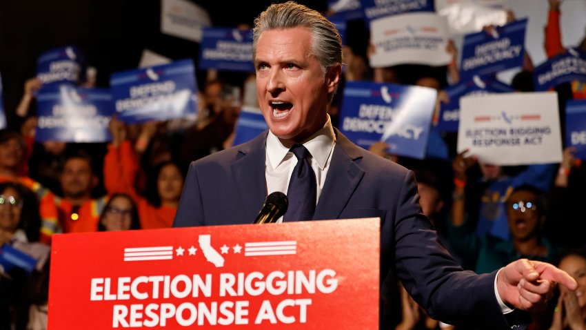 LOS ANGELES, CALIFORNIA – AUGUST 14: California Governor Gavin Newsom speaks about California redistricting plans at a press conference at the Democracy Center, Japanese American Museum on August 14, 2025 in Los Angeles, California. Newsom spoke about a possible California referendum on redistricting to counter the legislative effort to add five Republican House seats in the state of Texas. (Photo by Mario Tama/Getty Images)