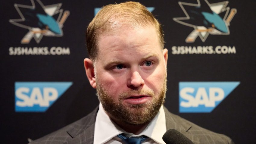 Oct 1, 2025; San Jose, California, USA; San Jose Sharks head coach Ryan Warsofsky speaks to the media after a preseason game against the Anaheim Ducks at SAP Center at San Jose. Mandatory Credit: Robert Edwards-Imagn Images