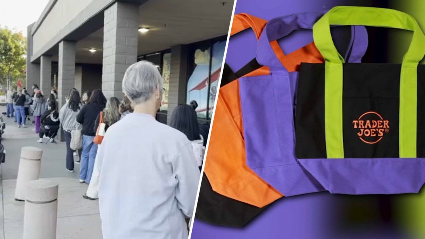 Customers line up early at a Concord Trader Joe’s hoping to get their hands on a Halloween-themed tote bag. (Oct. 9, 2025)