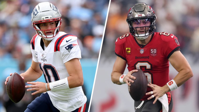 Split image of Drake Maye and Baker Mayfield