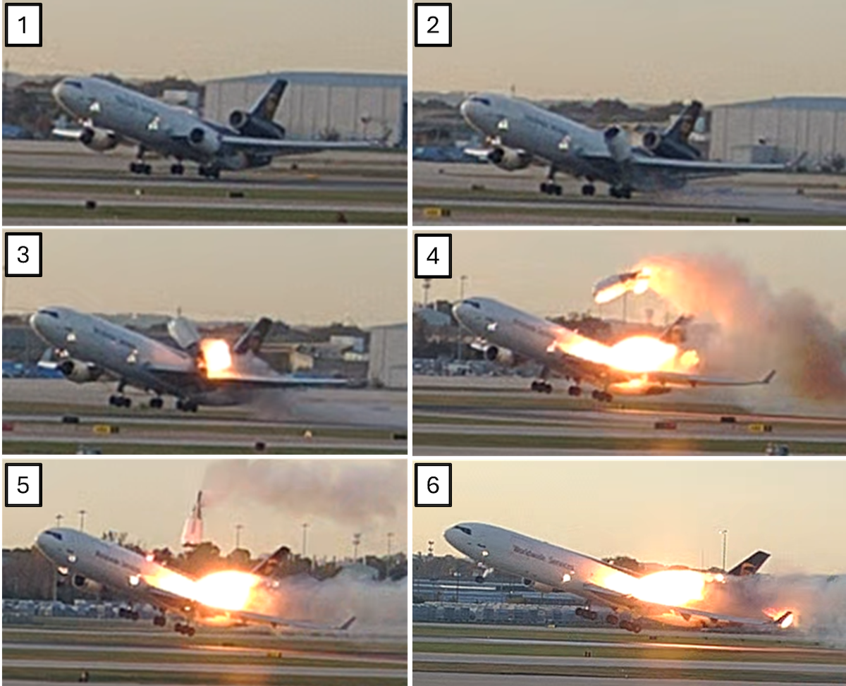 Dramatic photos of doomed UPS plane show the aircraft on fire and its engine flying off