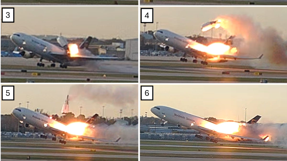 Dramatic photos of doomed UPS plane show the aircraft on fire and its engine flying off
