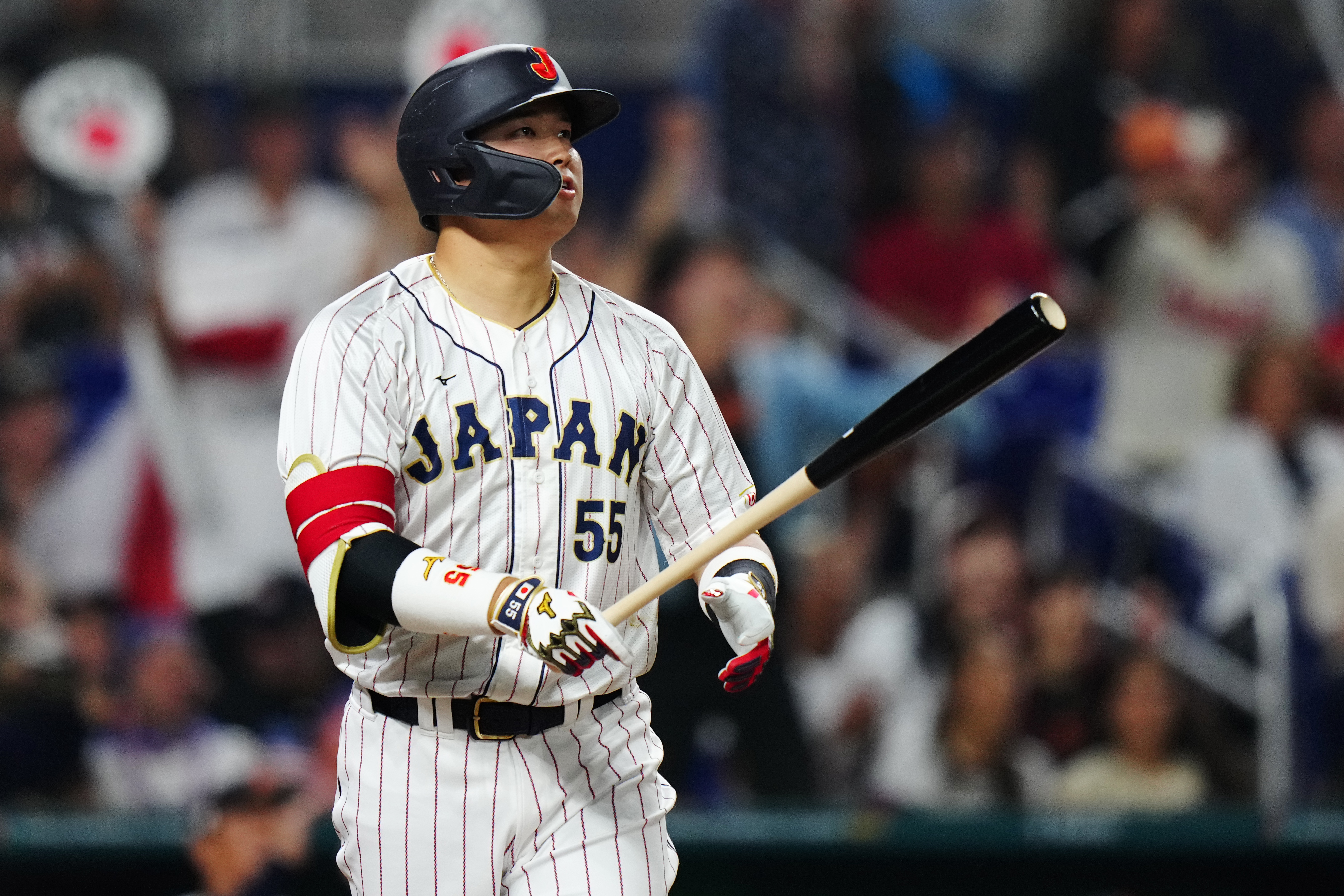 MIAMI, FL – MARCH 21:  Munetaka Murakami #55 of Team Japan hits a home run in the second inning during the 2023 World Baseball Classic Championship game between Team USA and Team Japan at loanDepot Park on Tuesday, March 21, 2023 in Miami, Florida. (Photo by Daniel Shirey/WBCI/MLB Photos via Getty Images)