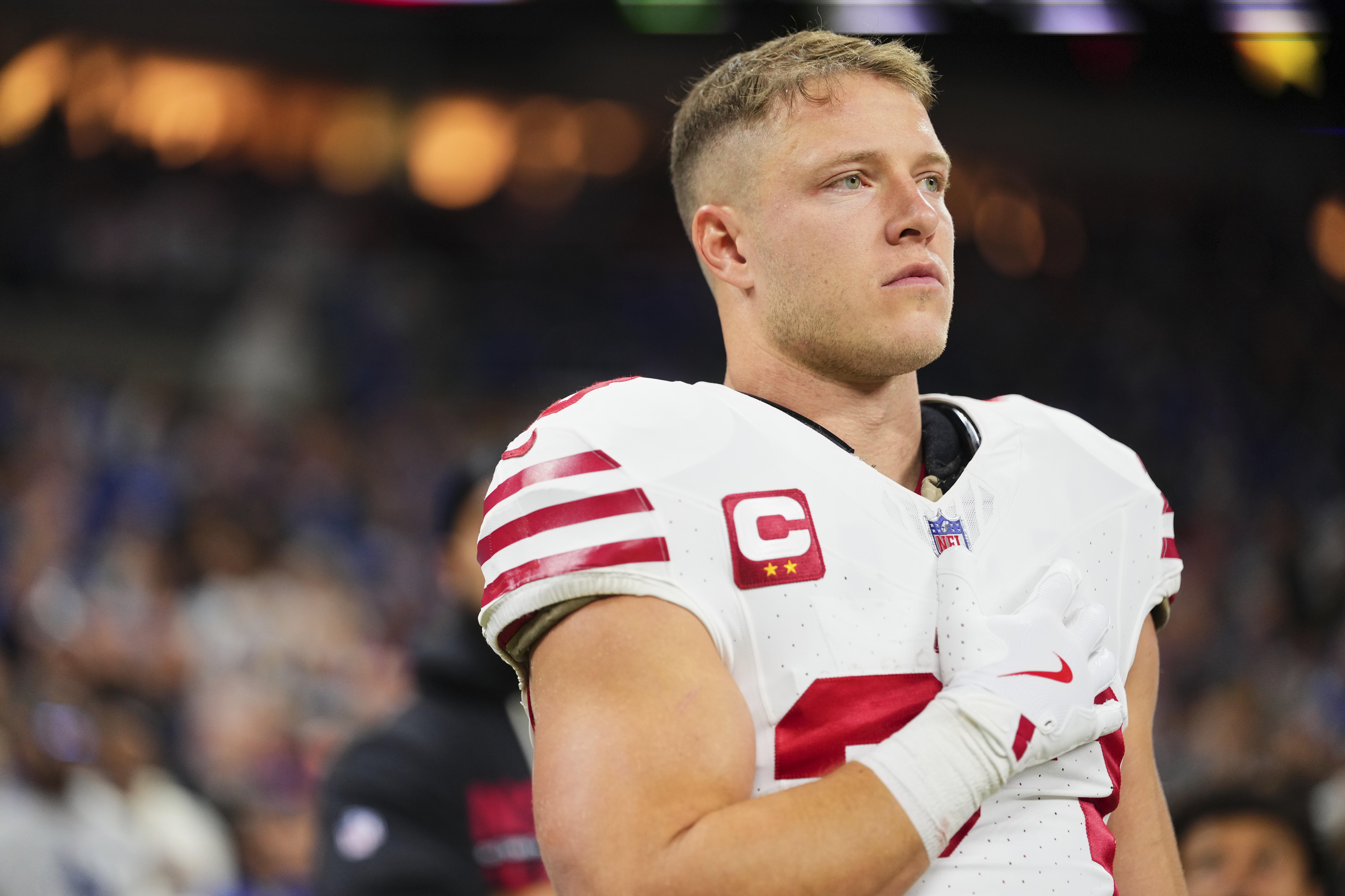 INDIANAPOLIS, IN – DECEMBER 22: Christian McCaffrey #23 of the San Francisco 49ers looks on before kickoff against the Indianapolis Colts during an NFL football game at Lucas Oil Stadium on December 22, 2025 in Indianapolis, Indiana. (Photo by Cooper Neill/Getty Images)